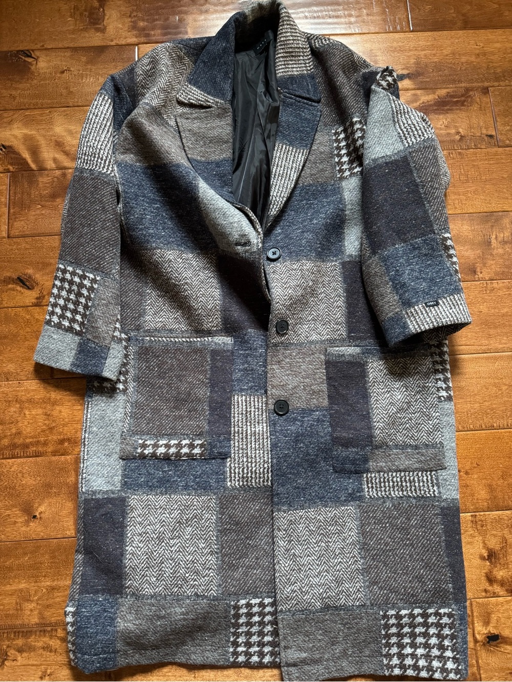 Obey Patchwork Wool Blend Pea Coat in Gray, Blue and Brown